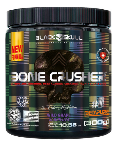 Pré Treino Bone Crusher Black Skull 300g - Nova Fórmula Sabor Black Berry