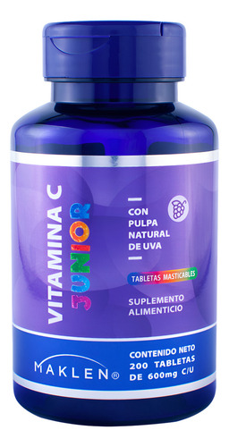 Vitamina C Junior | Vitamina C para Niños Masticables | 200 Tabletas Sabor Uva | Maklen