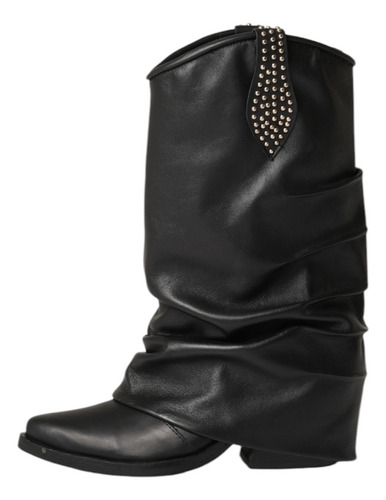 Botas Texana Negra Caña Volcada Arrugada Con Tachas De Cuero