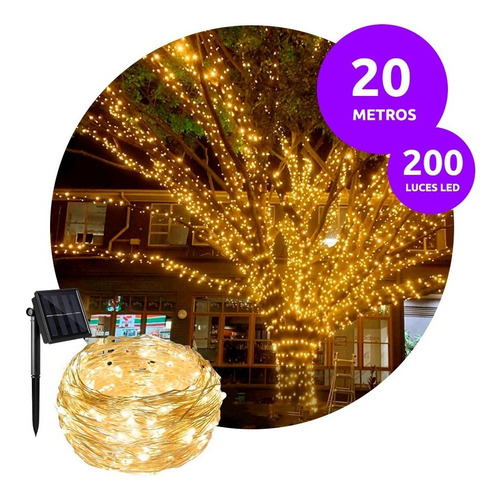 Guirnalda 200 Luces Exterior Solar Led 20 Mt Cálida Navidad