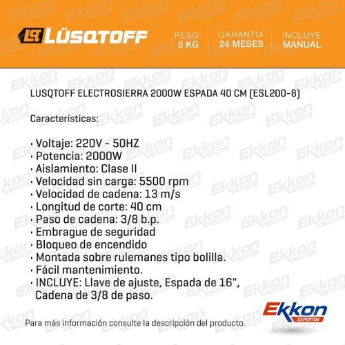Imagen 2 de 8 de Electrosierra Motosierra Lusqtoff 2000w Espada 40cm Esl200-8