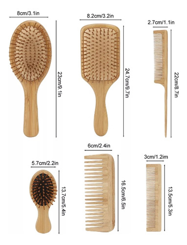 Kit De Escova E Pente De Bambu Antifrizz, 6 Peças