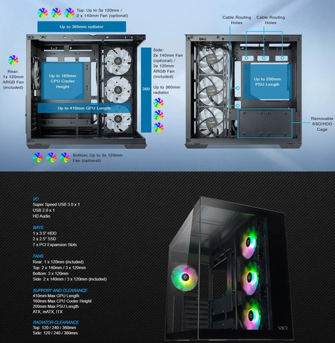 Gabinete Tecware Vxr Evo 4f Doble Cámara Panorámico Negro