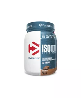 Suplemento en polvo Dymatize ISO-100 proteína sabor fudge brownie en pote de 640g