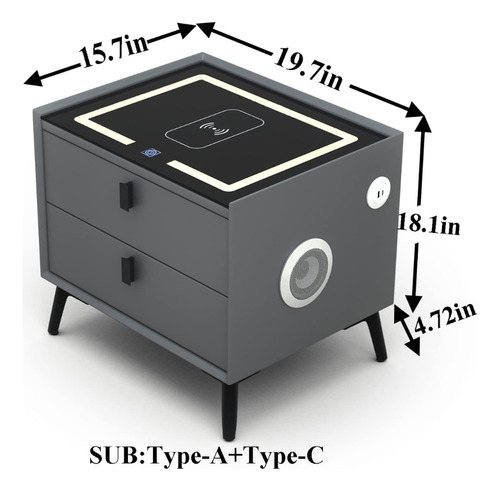 Mesa De Noche Buro Inteligente Carga Inalambrica Bocina Led Color Gris