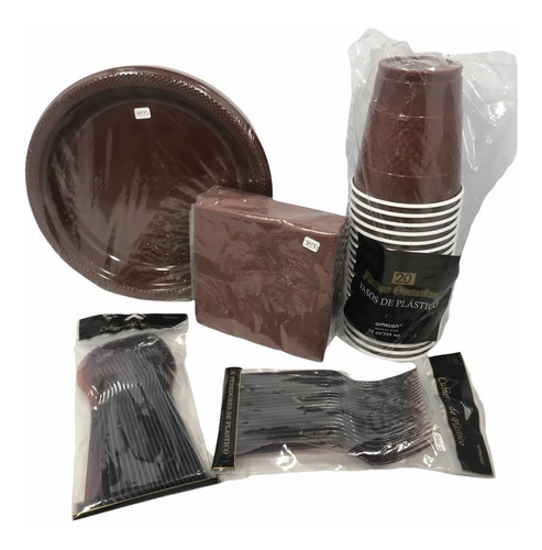 Kit Premium P 20 Desechables Cafe Choco Plato Vaso Cubiertos