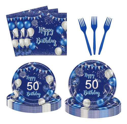96 Plato Azul Para Fiesta Cumpleaño 50 Servilleta 24
