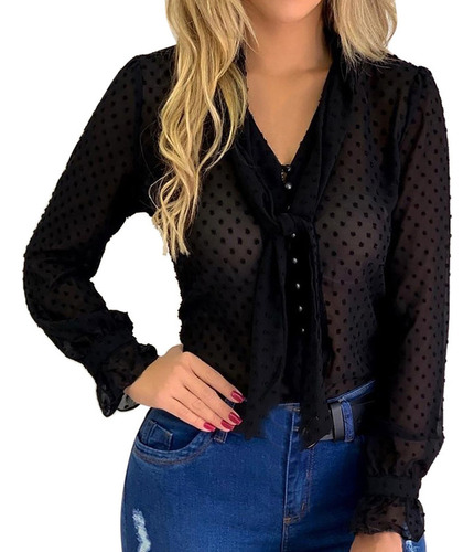 .1 D Camisa Con Cuello En V Sexy Con Malla Transparente Y