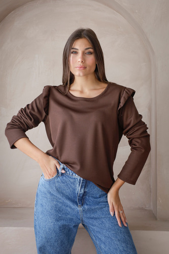 Remera Waffle Panal Frizado Manga Larga Volados Talle Grande