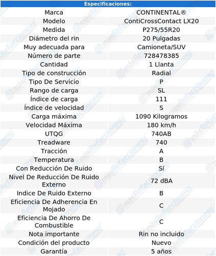 Llanta P275/55 R20 111s Continental Cross Contact Lx20