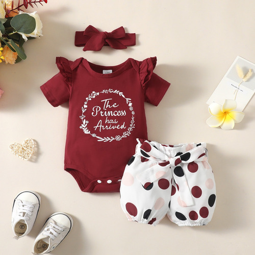 3pcs Conjunto Bebé Con Mameluco Shorts De Lunares Y Diadema Bordó 6-9 M