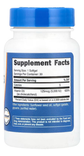 Vitamina D3 Alta Potencia | 5000 Ui | Frasco Con 30 Capsulas Sin Sabor