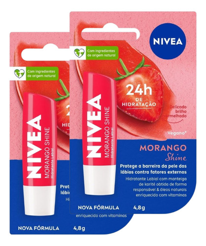 Kit 2 Hidratante Nivea Labial Morango Shine 4,8g