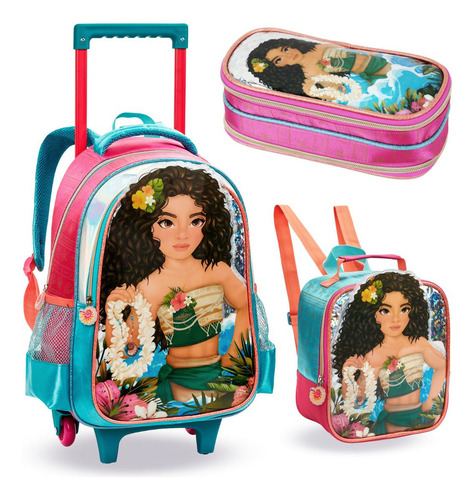 Mochila De Rodinhas Lancheira Estojo Iantil Escolar Cor Rosa Desenho Do Tecido Moana