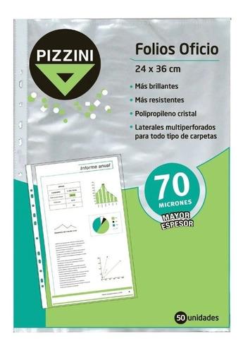 Folios Pizzini Oficio Premium 70 Micrones Borde Blanco X 100