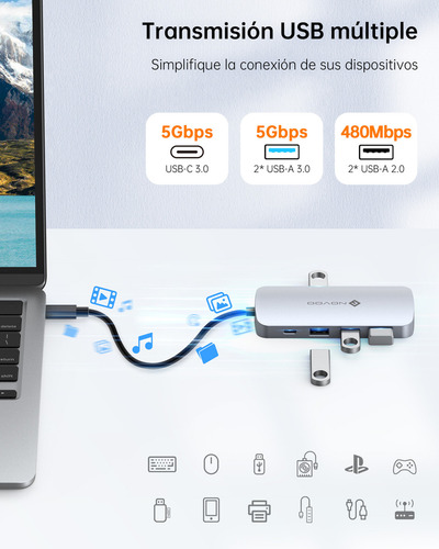 Novoo Hub 9 En 1 Adaptador Usb Tipo C A Hdmi 4k Con 3 Puertos Usb 3.0 Y Pd 100w Para Macbook Pro/air,iPad,portátil Color Plateado
