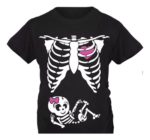 Playera Embarazada Halloween Rayos X Huesitos Niña Moño Rosa