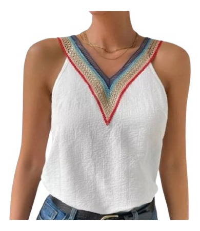 Blusa Top Tank Unicolor Bordado Con Ojal