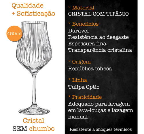 Jogo 6 Taças Água Cristal Titânio Bohemia Tulipa Optic 450ml