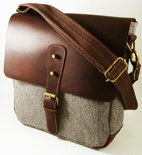 Morral Bolso Cartera De Cuero Y Canvas Vintage Lona Fabrica