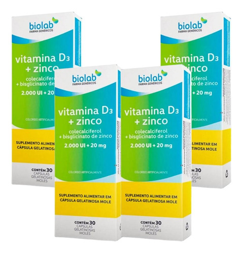 Kit Vitamina D3+zinco 2.000ui 4 Caixas 30 Cápsulas Cada
