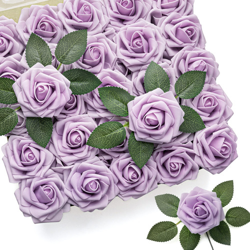 Mocoosy 50 Rosas Artificiales De Color Lila, Rosas Falsas De