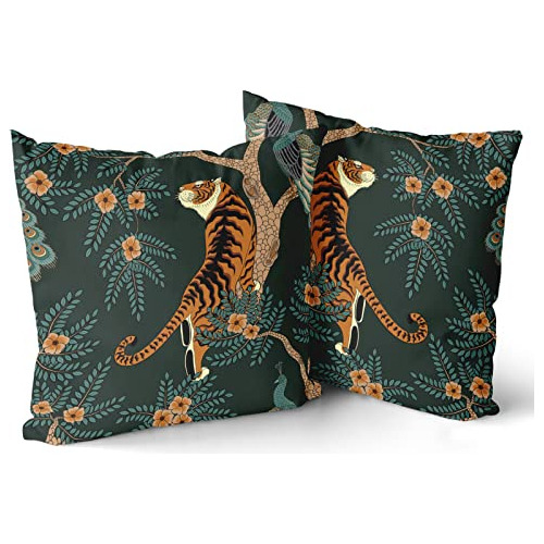 Juego De 2 Fundas De Almohada De Tigre Y Pavo Bosque An...