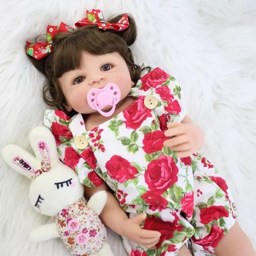 Boneca Bebê Reborn Corpo de Silicone - Baby Menina Vestido Florido