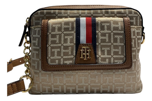 Bolsa Tommy Hilfiger Beige Café Crossbody Cierre Placa M891 Beige Monograma Th Oro Marrón Claro