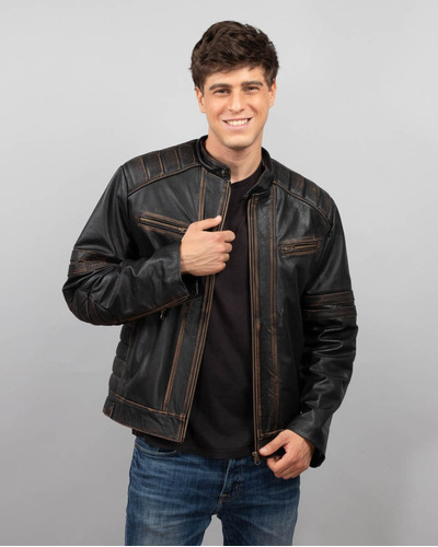 Campera Motoquera Gastada De Cuero Vacuno Hombre Moderna Rg