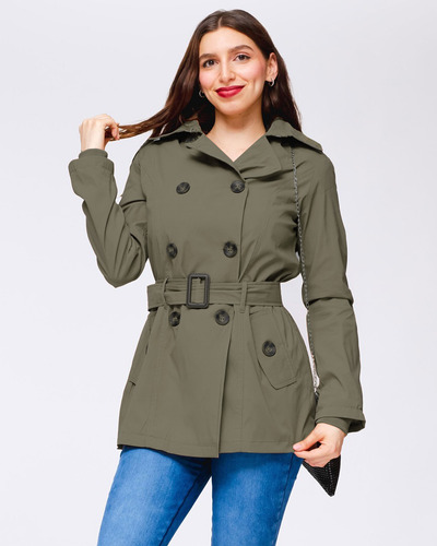 Gabardina Mujer Gorro Desmontable Con Cinturón