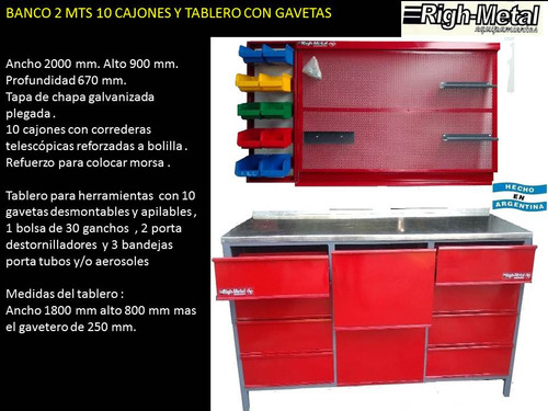 Bancos De Trabajo 10 Cajones +tablero Con Gavetas Righmetal