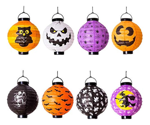 8 Decoraciones De Halloween Linternas De Papel Con Luz Led C