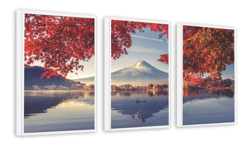 3 Quadros Decorativo 40x60 Moldura Paisagem Monte Fuji Japão