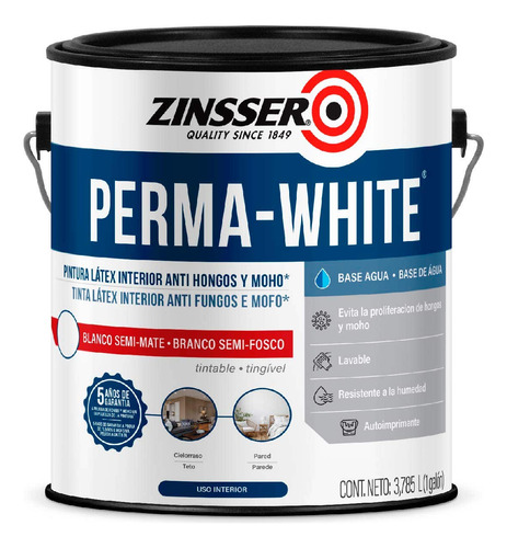 Perma White Latex Interior Antihongo Semimate Zinsser 3,7 L