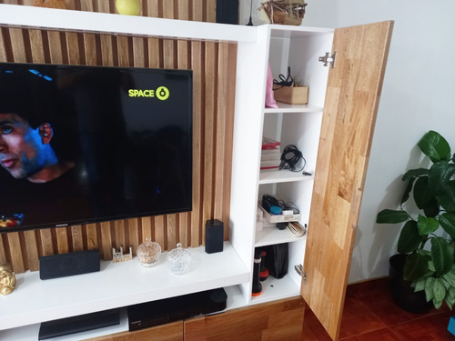 Imagen 6 de 7 de Mueble Tv Oculta Cables Blanco Y Madera Roble Ref Mural44