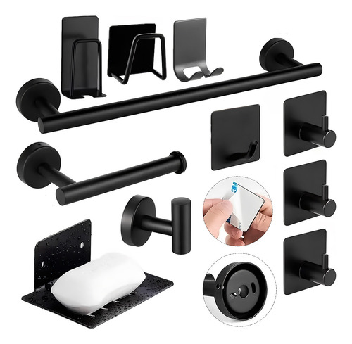Juego de Accesorios de Baño de 11 Piezas Negro Acero Inoxidable Hawoo