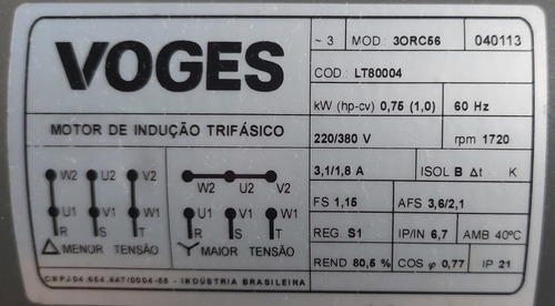 Motor Elétrico Trifásico 1cv 4 Polos Baixa Rotação Voges