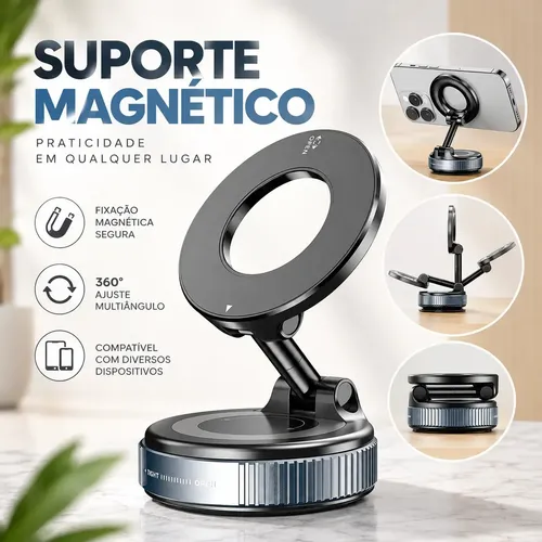 Suporte Magnético Para Celular Com Ventosa De Vácuo Ajustável 360° Universal Para Carro Painel Vidro Mesa E Superfícies Com Fixação Forte Para Smartph