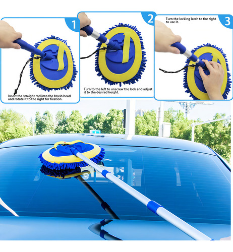 Manopla De Microfibra 2 En 1 Para Lavado De Coche Con Mango Largo De Aleación De Aluminio De 114 Cm, Kit De Limpieza Sin Arañazos, 2 Cabezales De Trapeador, 1 Toalla Y Plumero De Ranura De Ventilación