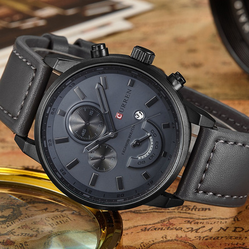 Relógio Masculino Curren Pulseira Em Couro Função Data Luxo