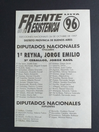 Boleta Electoral 26 Octubre 1997_frente Resistencia_lista 96