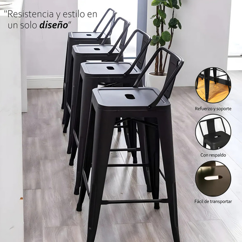 Set 4 Bancos Metálico Alto Tolix Respaldo Barra Comedor Color Negro