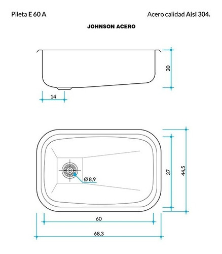 Imagen 2 de 6 de Bacha/pileta De Acero Inoxidable E60a Johnson
