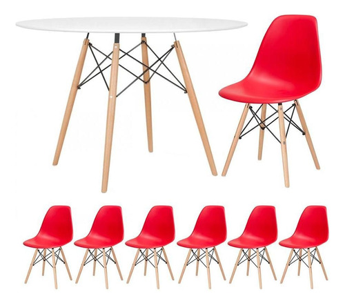 Kit Mesa Jantar Eames Wood 120 Cm 6 Cadeiras Eiffel  Cores Cor da tampa Mesa branco com cadeiras vermelho