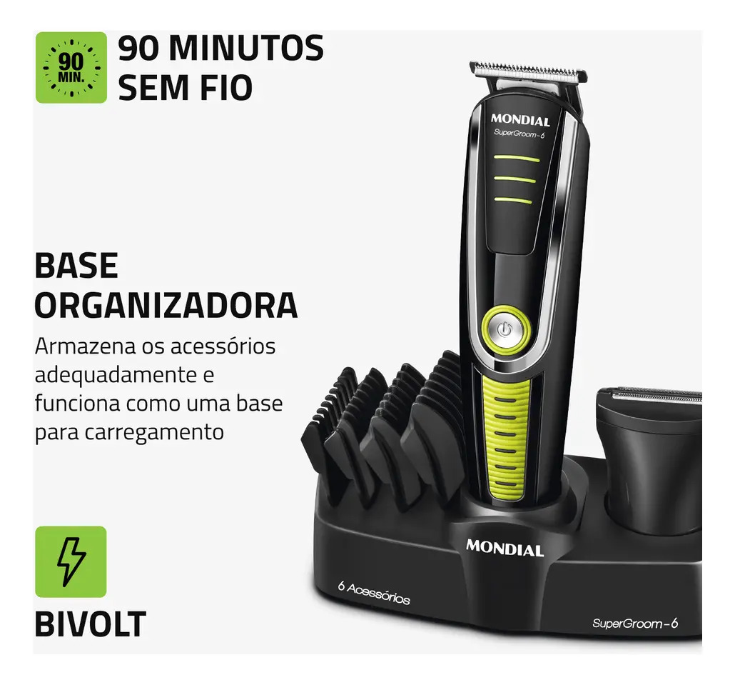 Cortador De Cabelo Mondial Super Groom 6 Bg 04 Melhor Categ Preto/verde 6