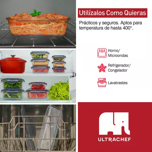 Contenedores De Vidrio Herméticos Ultrachef Juego 6 Recipientes Para  Alimentos (12 Pzas), Aptos Para Horno, Refrigerador