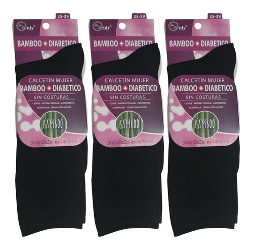 3 Calcetines Mujer Bambu Sin Costuras Color Negro
