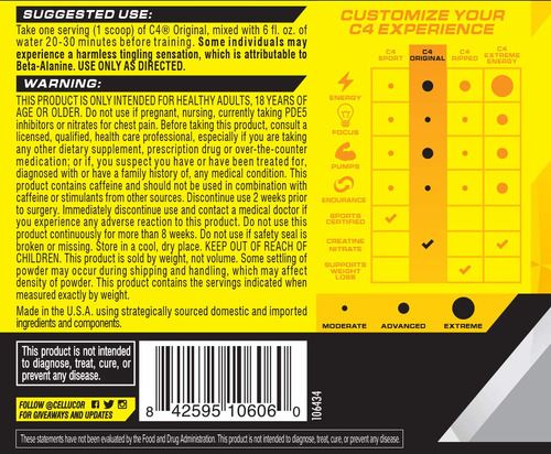 Cellucor C4 Pre Workout Incrementa Tu Energía Antes Del Entrenamiento, Mejorar El Desempeño El Enfoque Y La Resitencia Con Cafeina Beta Alanina Y Creatina, Sabor Manzana Verde Total 60 Servicios 390 G