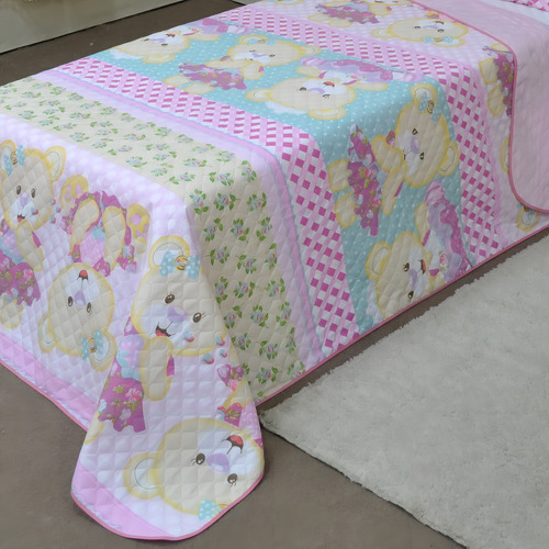 Kit Cobre Leito Infantil Solteiro 2 Peças Dupla Face Cor Rosa Ursa